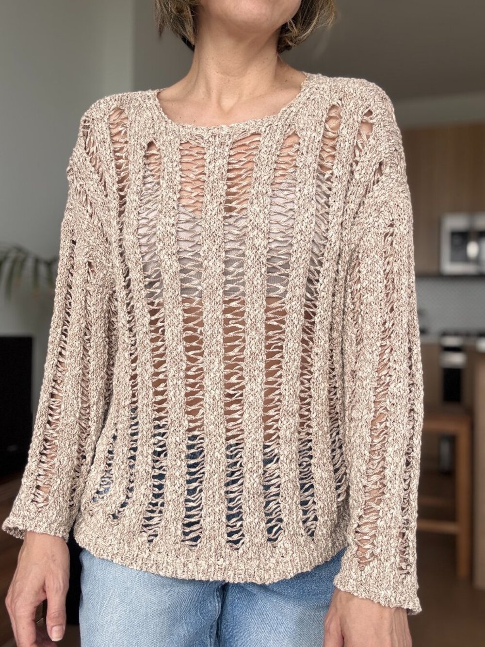 Zara Open Knit Crochet Sweater Beige Size S NWOT